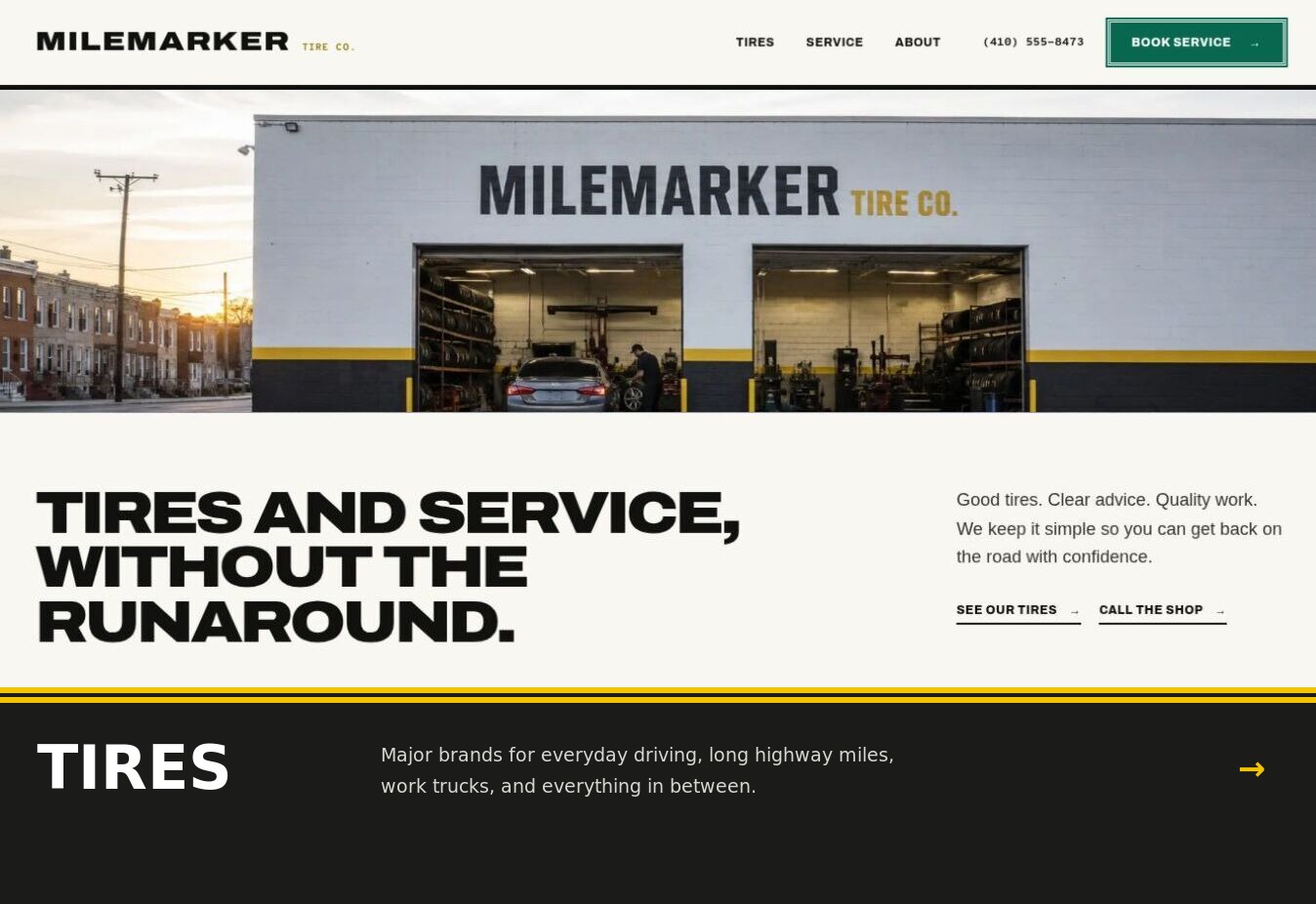 Milemarker Tire Co. website homepage