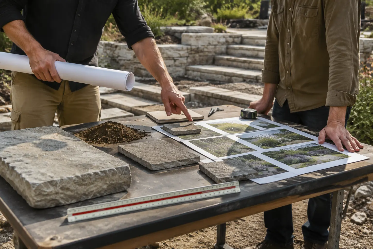 Two landscape professionals reviewing plans and stone samples on site