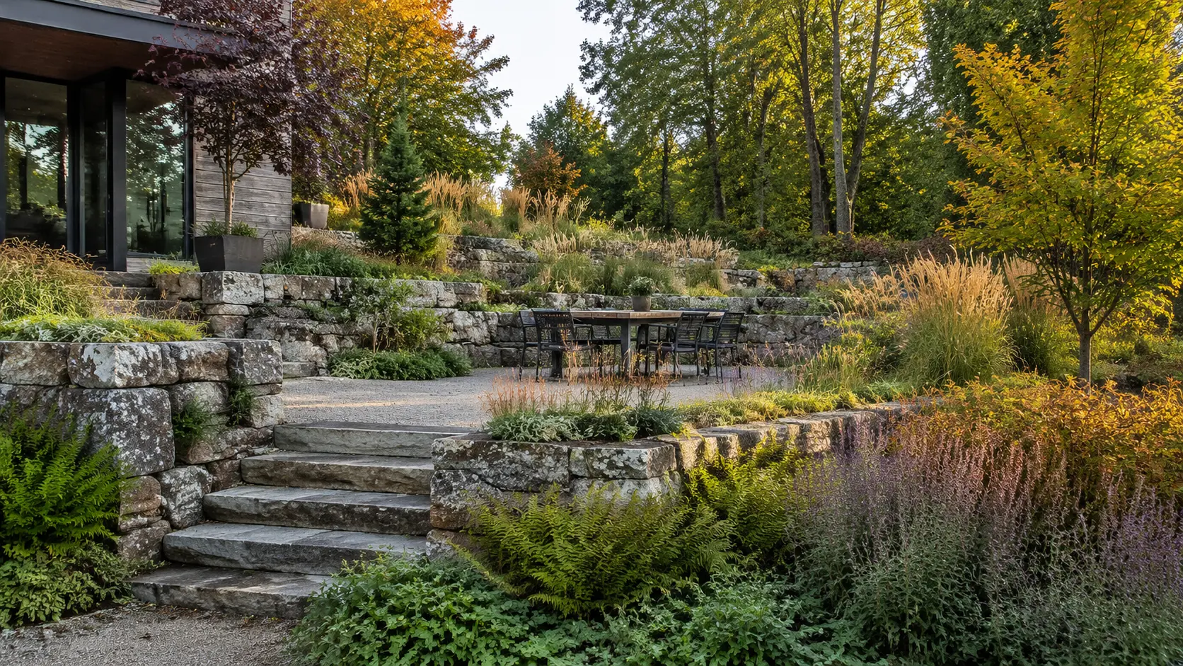 Terraced garden with fieldstone walls, broad steps, layered planting, and a dining terrace