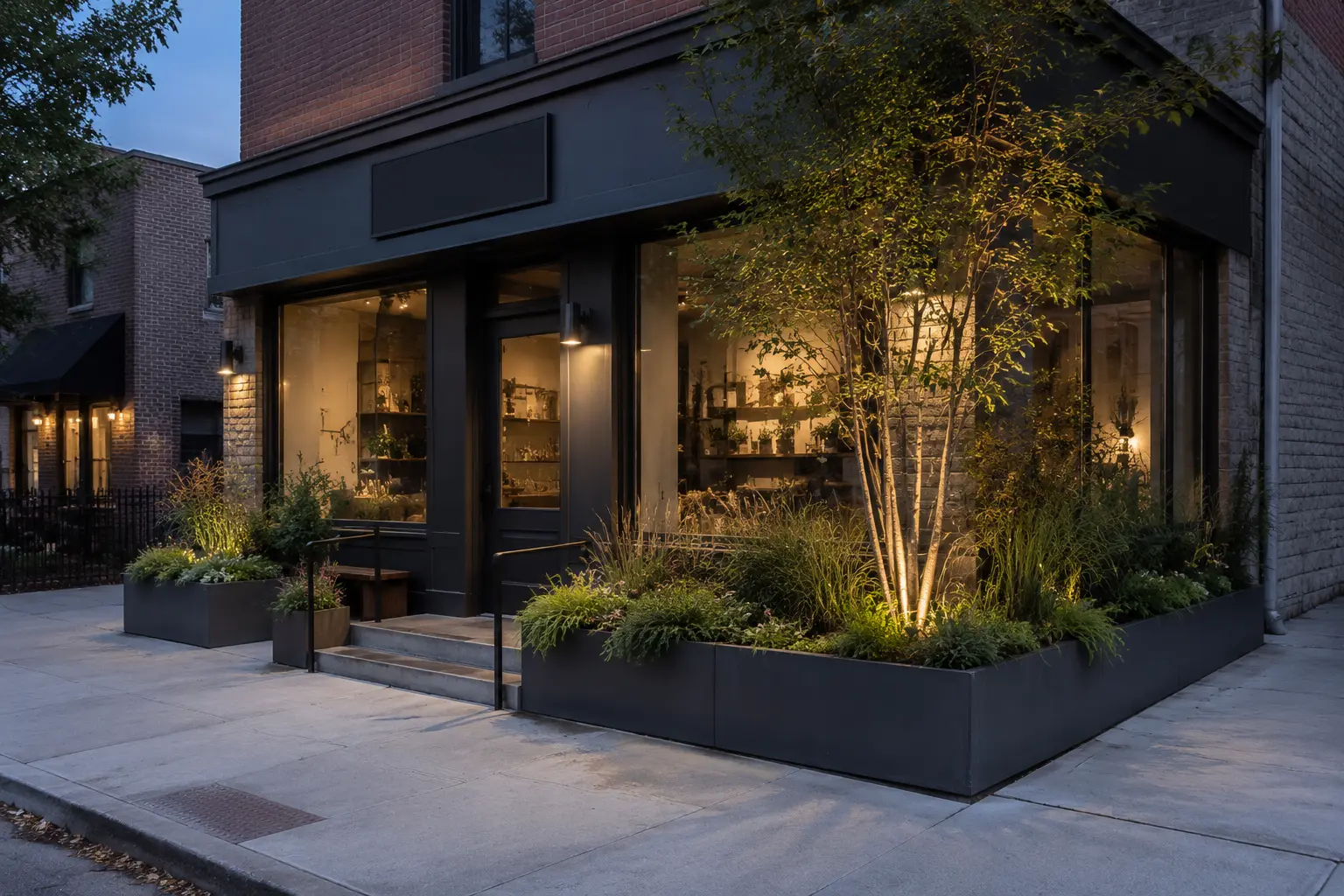 Neighborhood storefront with dark planters, layered planting, and entry lighting