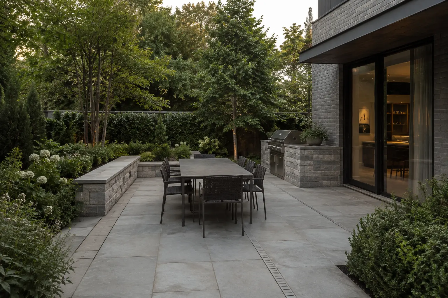 Stone dining terrace with a seat wall, grill, concealed drainage, and layered planting