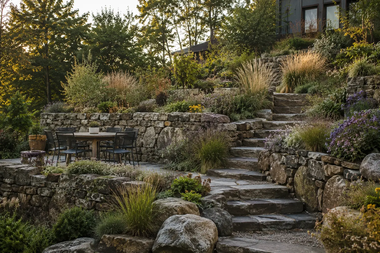 Sloped garden organized into fieldstone terraces with steps, grasses, and a dining area