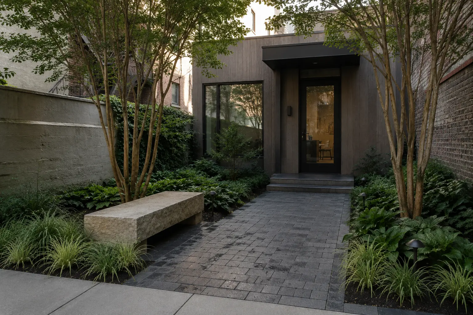 Compact planted courtyard with dark paving, a stone bench, and multi-stem trees