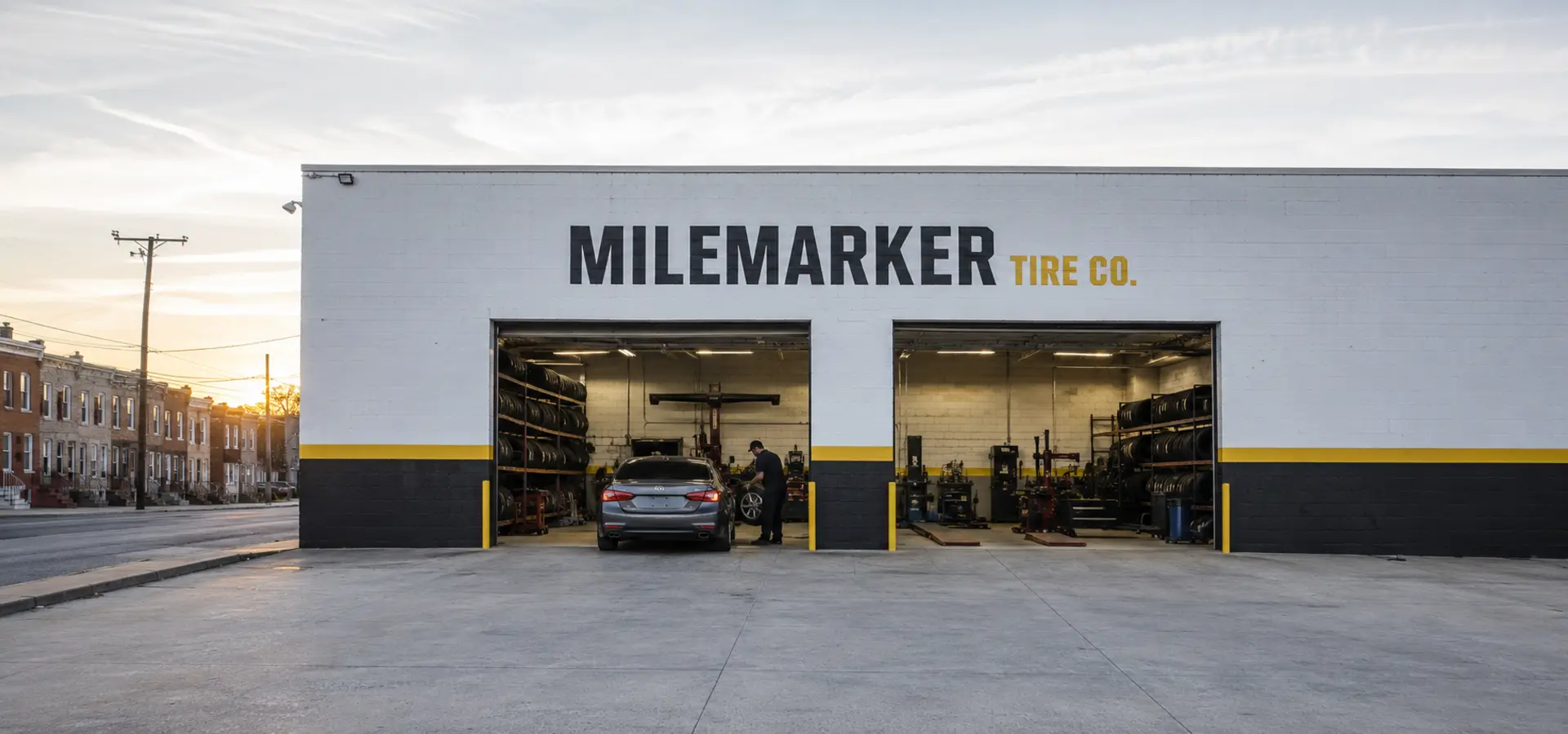 Milemarker Tire Co. garage in Baltimore with two open service bays