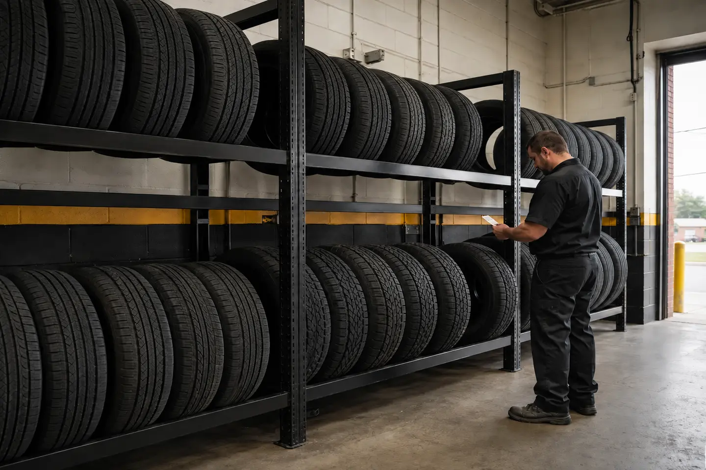 Organized rows of unlabeled tires inside the Milemarker shop