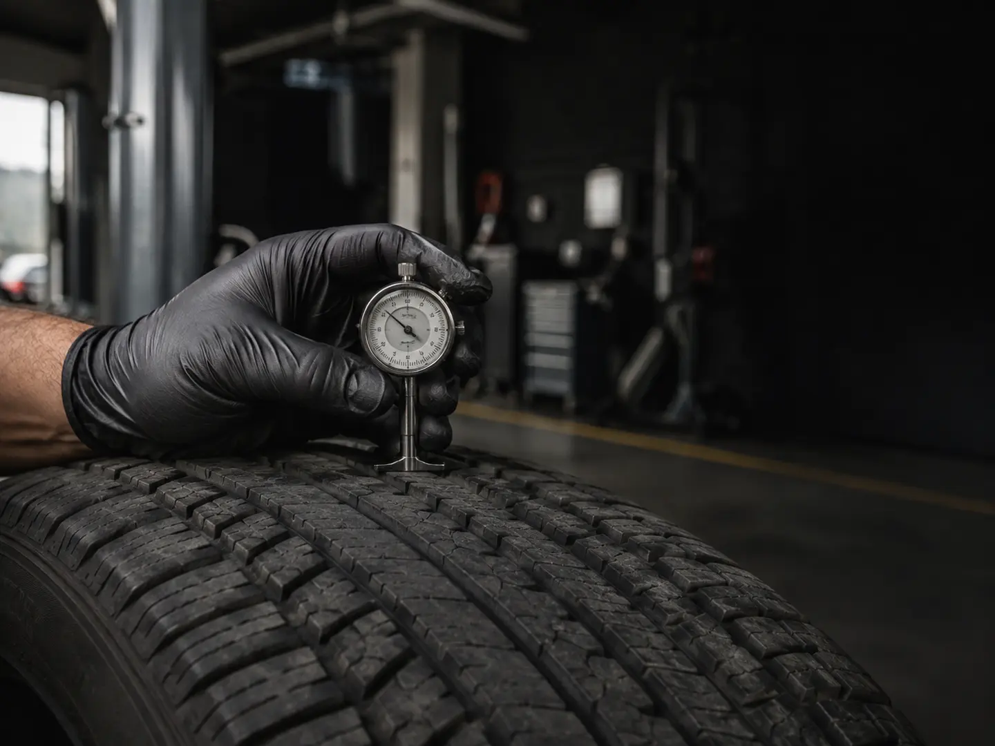 Technician measuring the tread depth of a tire
